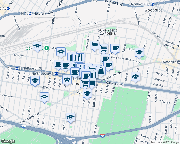 map of restaurants, bars, coffee shops, grocery stores, and more near 46-16 43rd Avenue in Queens