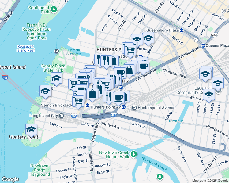 map of restaurants, bars, coffee shops, grocery stores, and more near in Queens