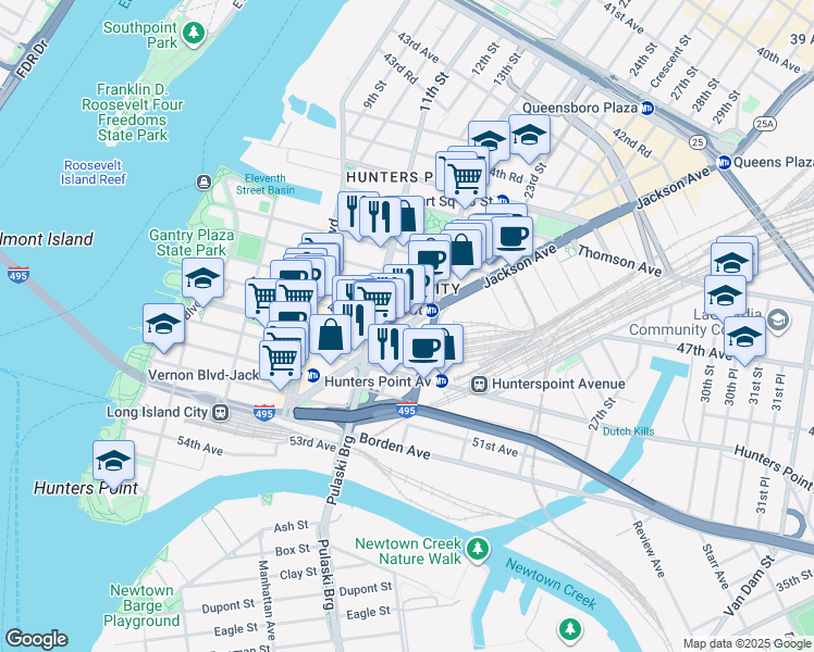 map of restaurants, bars, coffee shops, grocery stores, and more near in Queens