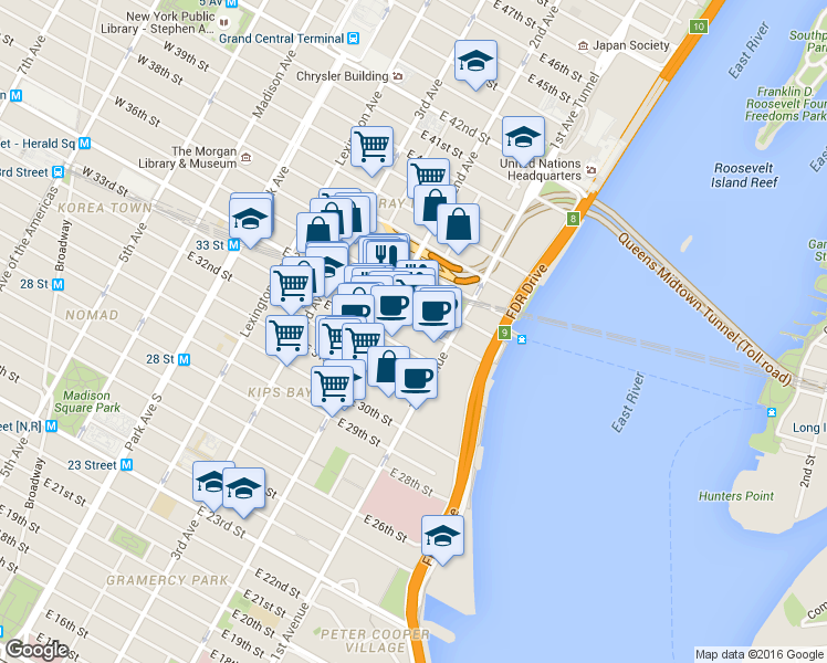 map of restaurants, bars, coffee shops, grocery stores, and more near in New York