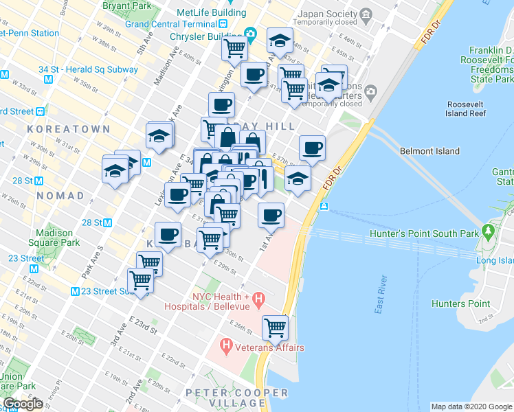 map of restaurants, bars, coffee shops, grocery stores, and more near 604 2nd Avenue in New York
