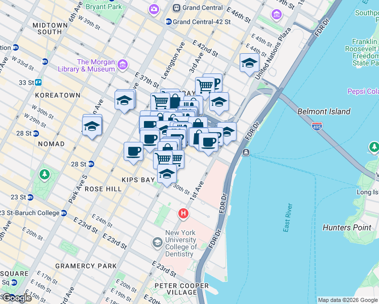 map of restaurants, bars, coffee shops, grocery stores, and more near in New York