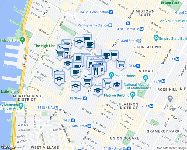 map of restaurants, bars, coffee shops, grocery stores, and more near 213 West 23rd Street in New York