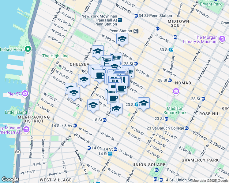 map of restaurants, bars, coffee shops, grocery stores, and more near 213 West 23rd Street in New York