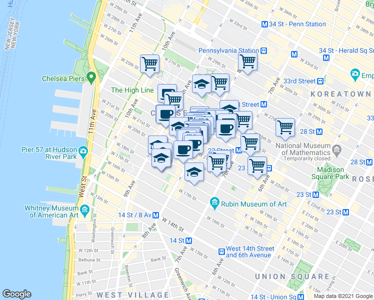 map of restaurants, bars, coffee shops, grocery stores, and more near 219 8th Avenue in New York