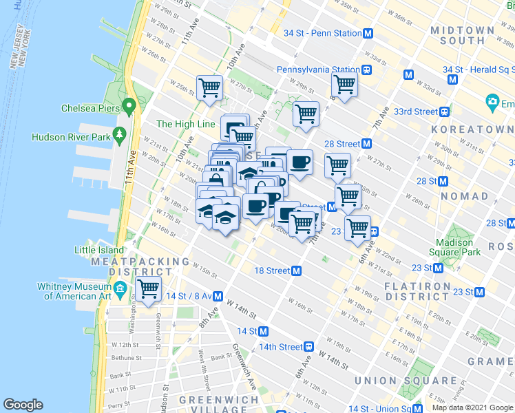 map of restaurants, bars, coffee shops, grocery stores, and more near 326 West 21st Street in New York