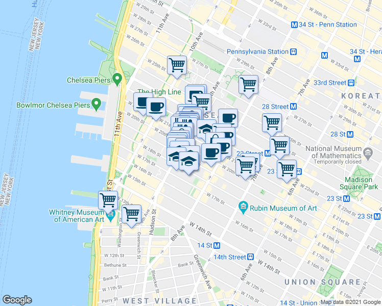 map of restaurants, bars, coffee shops, grocery stores, and more near 162 9th Avenue in New York