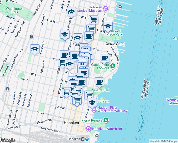 map of restaurants, bars, coffee shops, grocery stores, and more near 635 Court Street in Hoboken