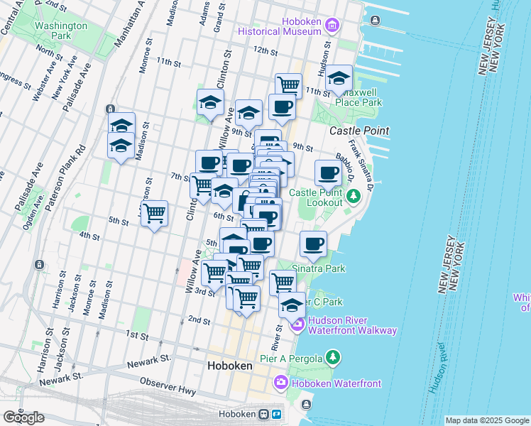 map of restaurants, bars, coffee shops, grocery stores, and more near 631 Bloomfield Street in Hoboken