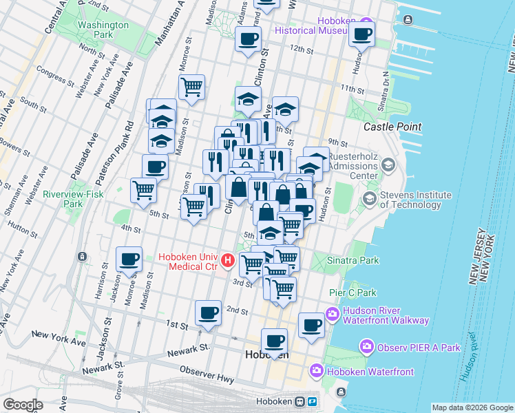 map of restaurants, bars, coffee shops, grocery stores, and more near in Hoboken