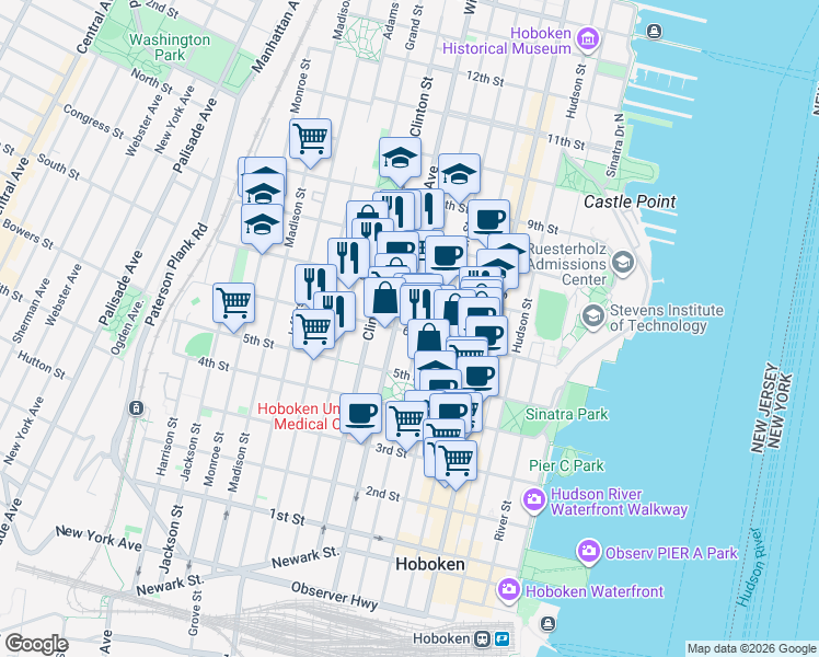 map of restaurants, bars, coffee shops, grocery stores, and more near in Hoboken