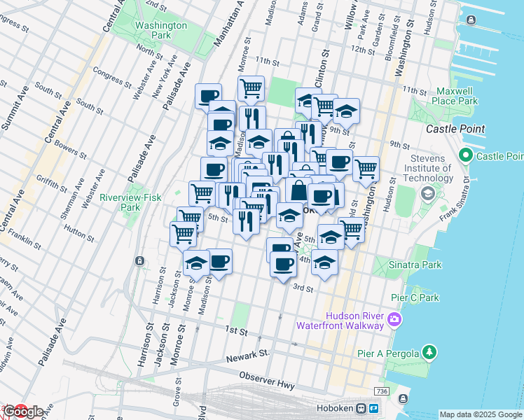 map of restaurants, bars, coffee shops, grocery stores, and more near 533 Adams Street in Hoboken