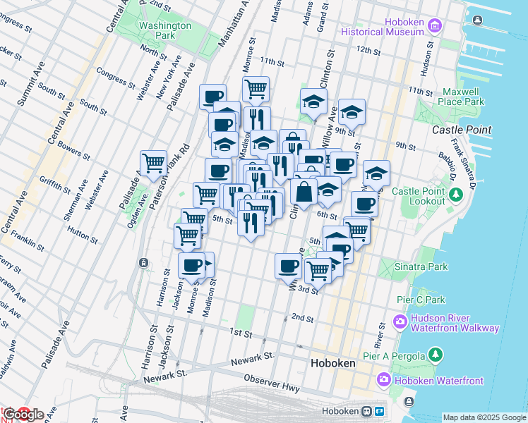 map of restaurants, bars, coffee shops, grocery stores, and more near 533 Adams Street in Hoboken