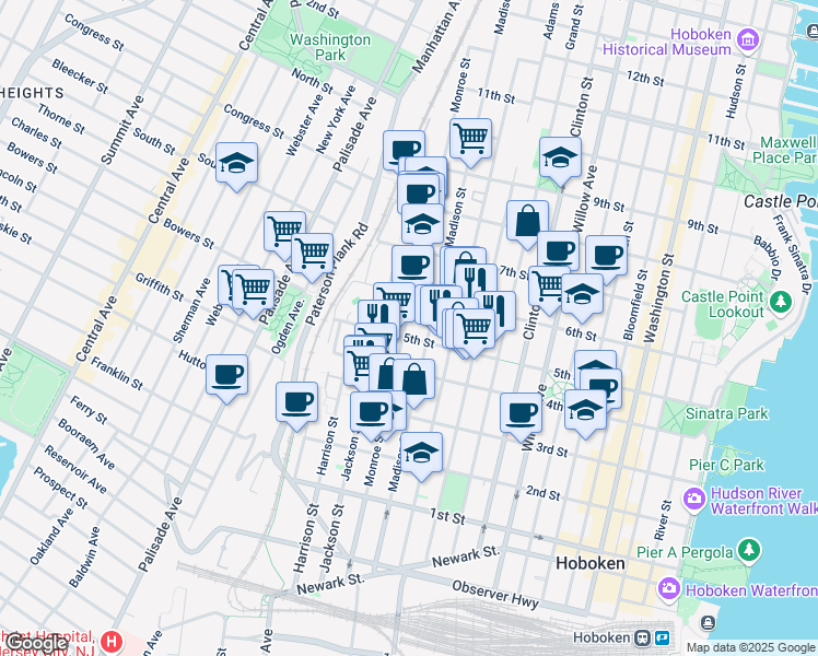 map of restaurants, bars, coffee shops, grocery stores, and more near 518 Monroe Street in Hoboken