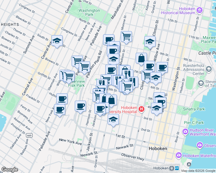 map of restaurants, bars, coffee shops, grocery stores, and more near 516 Monroe Street in Hoboken