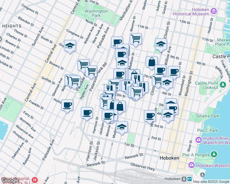 map of restaurants, bars, coffee shops, grocery stores, and more near 518 Monroe Street in Hoboken
