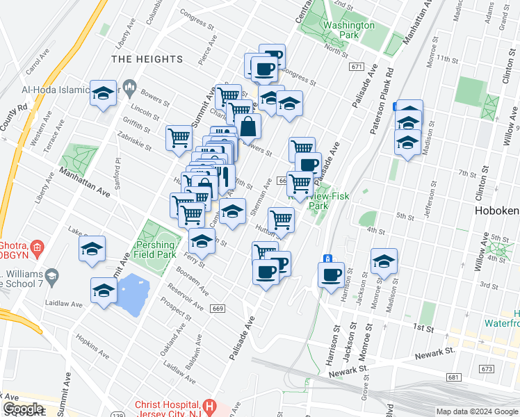 map of restaurants, bars, coffee shops, grocery stores, and more near 62 Hancock Avenue in Jersey City