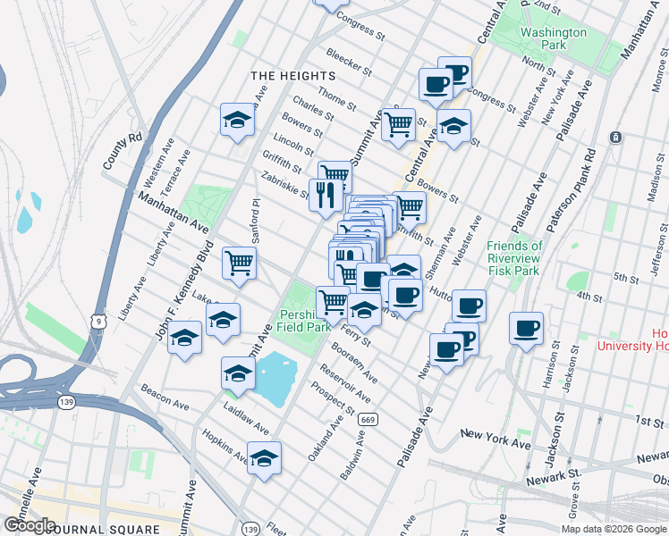 map of restaurants, bars, coffee shops, grocery stores, and more near 28 Sherman Place in Jersey City