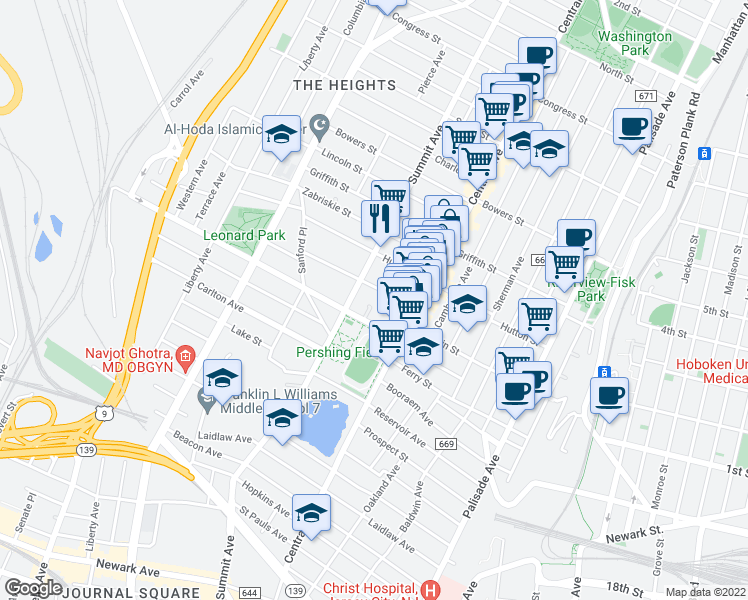 map of restaurants, bars, coffee shops, grocery stores, and more near 28 Sherman Place in Jersey City