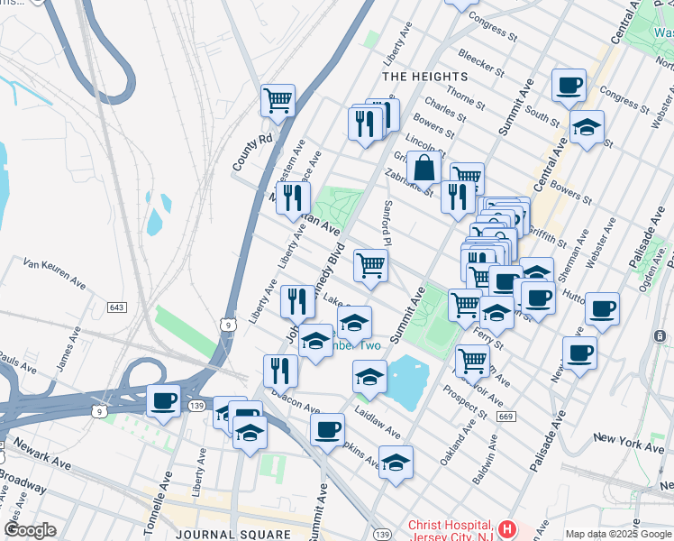 map of restaurants, bars, coffee shops, grocery stores, and more near 3284 John F. Kennedy Boulevard in Union City
