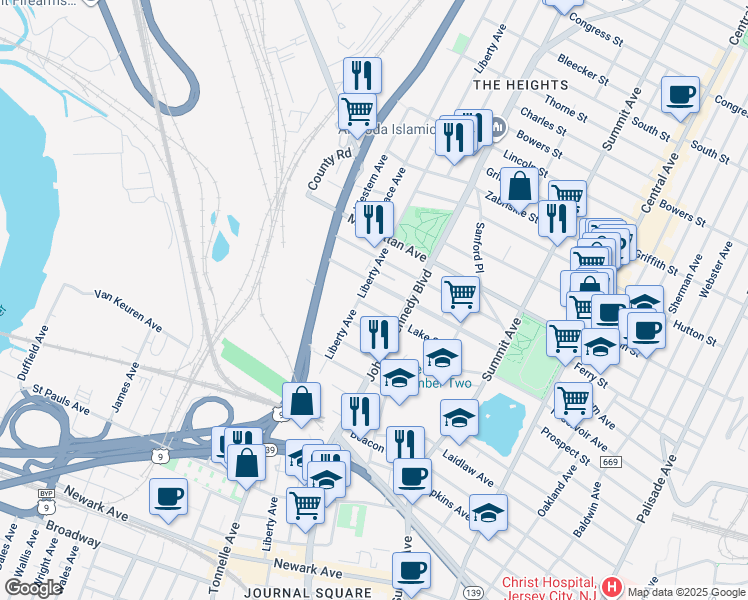 map of restaurants, bars, coffee shops, grocery stores, and more near 227 Liberty Avenue in Jersey City