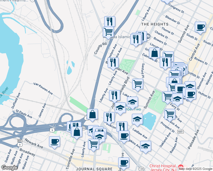 map of restaurants, bars, coffee shops, grocery stores, and more near 227 Liberty Avenue in Jersey City