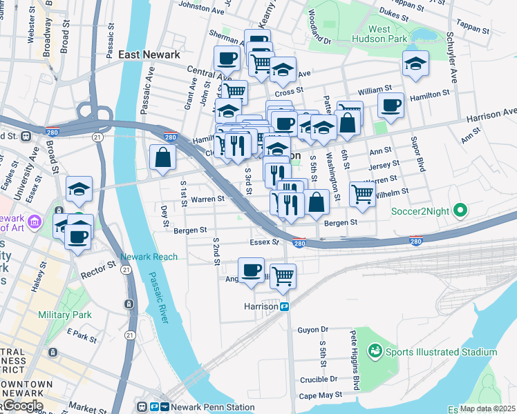 map of restaurants, bars, coffee shops, grocery stores, and more near 319 Warren Street in Harrison