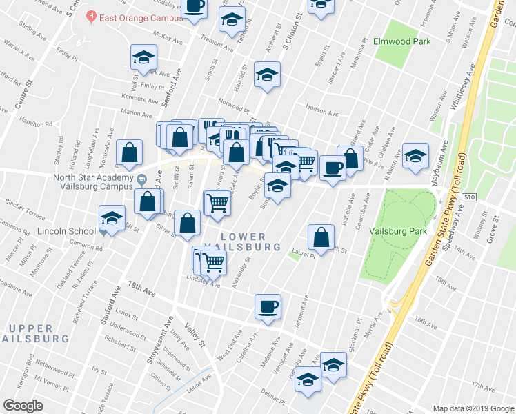 map of restaurants, bars, coffee shops, grocery stores, and more near 44 Boylan Street in Newark