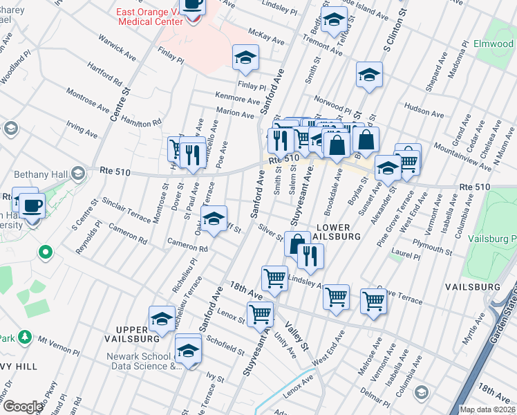 map of restaurants, bars, coffee shops, grocery stores, and more near 500 Sanford Avenue in Newark