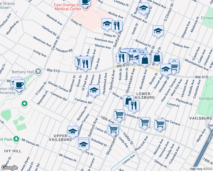 map of restaurants, bars, coffee shops, grocery stores, and more near 35 Hazelwood Avenue in Newark