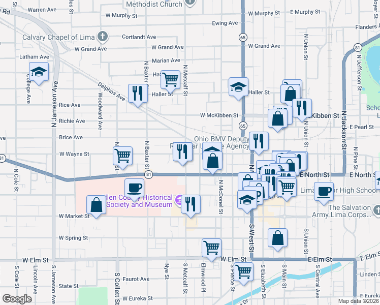 map of restaurants, bars, coffee shops, grocery stores, and more near 407 North Washington Street in Lima