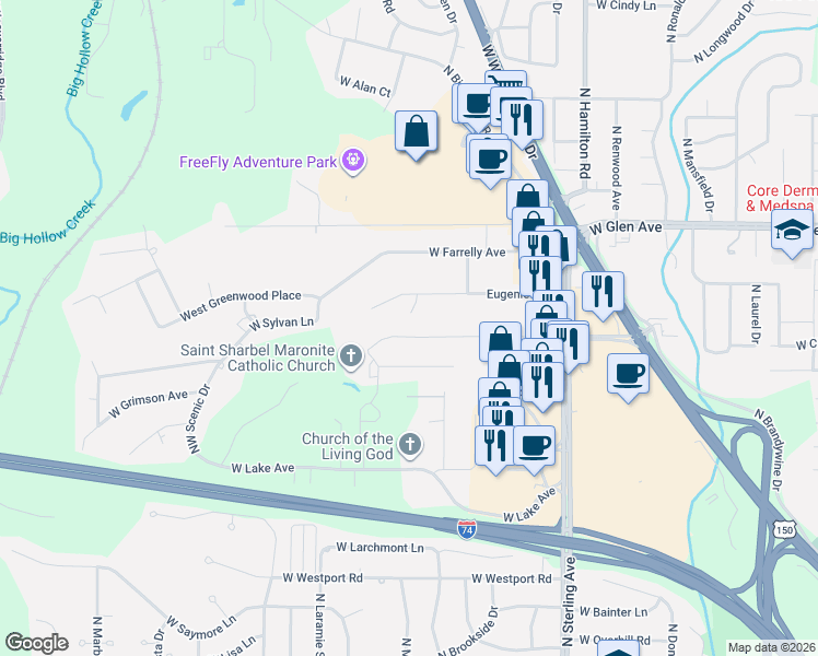 map of restaurants, bars, coffee shops, grocery stores, and more near 2910 Eugenie Avenue in Peoria