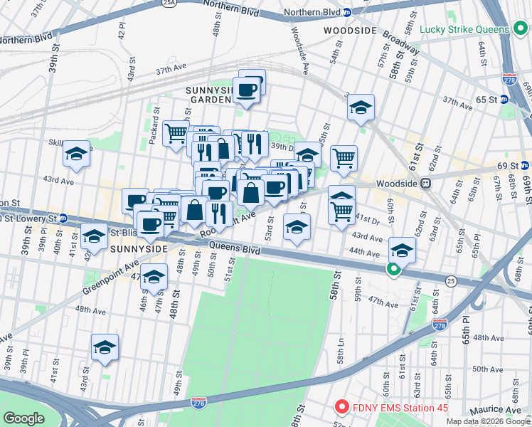 map of restaurants, bars, coffee shops, grocery stores, and more near 5217 Roosevelt Avenue in Queens