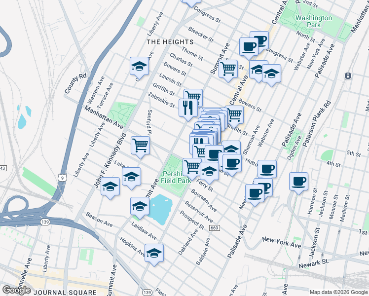 map of restaurants, bars, coffee shops, grocery stores, and more near 28 Sherman Place in Jersey City