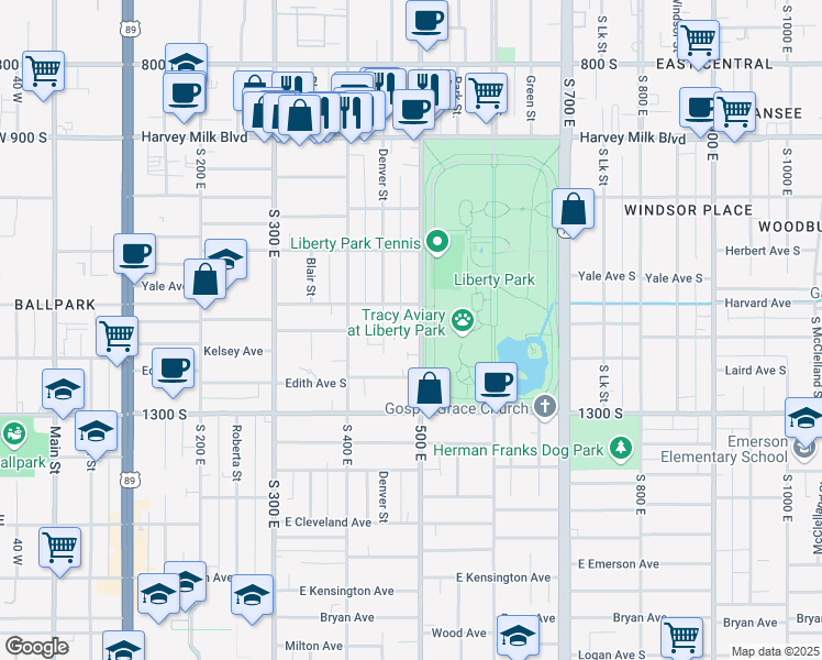 map of restaurants, bars, coffee shops, grocery stores, and more near 1140 South 500 East in Salt Lake City