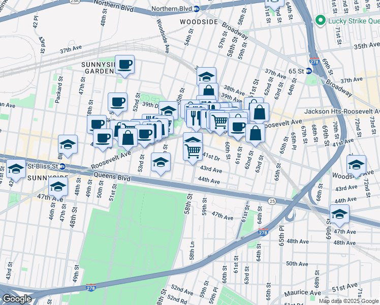 map of restaurants, bars, coffee shops, grocery stores, and more near 41-39 57th Street in Queens