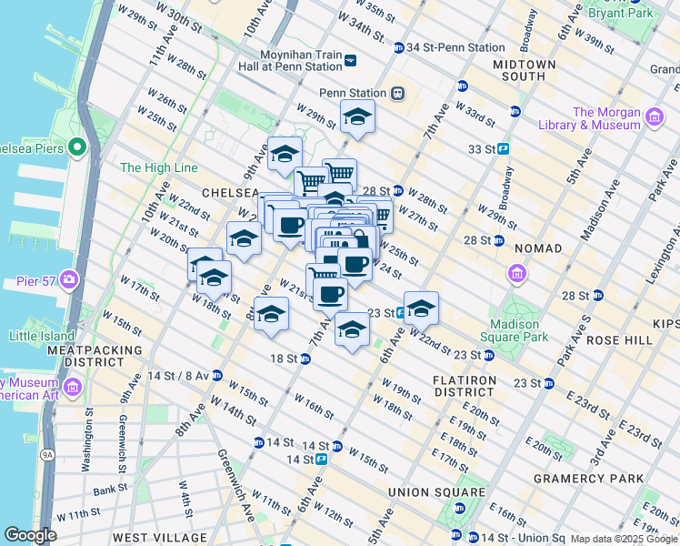 map of restaurants, bars, coffee shops, grocery stores, and more near 213 West 23rd Street in New York