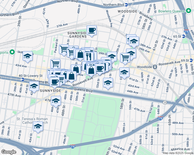 map of restaurants, bars, coffee shops, grocery stores, and more near 52-16 Roosevelt Avenue in Queens