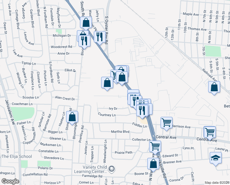 map of restaurants, bars, coffee shops, grocery stores, and more near 150-190 Engineers Dr in Hicksville