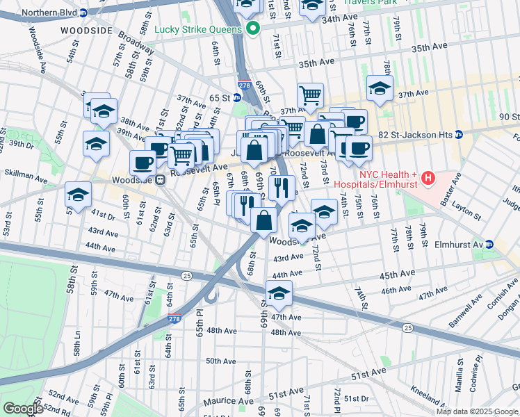 map of restaurants, bars, coffee shops, grocery stores, and more near 4112 69th Street in Queens