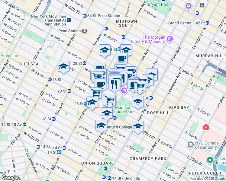 map of restaurants, bars, coffee shops, grocery stores, and more near 11 West 26th Street in New York
