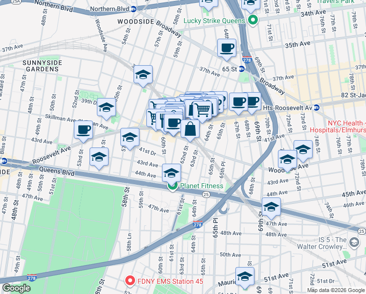map of restaurants, bars, coffee shops, grocery stores, and more near 62-11 Woodside Avenue in Queens