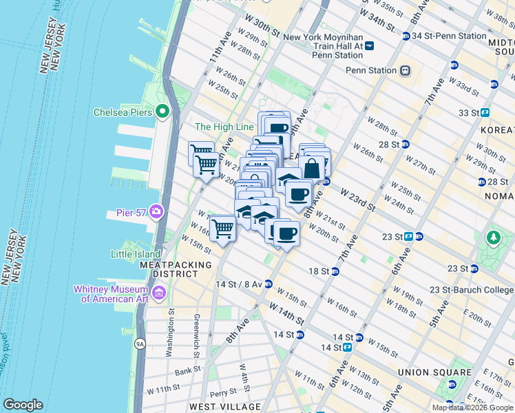 map of restaurants, bars, coffee shops, grocery stores, and more near 162 9th Avenue in New York