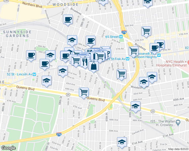 map of restaurants, bars, coffee shops, grocery stores, and more near 62-10 Woodside Avenue in Queens