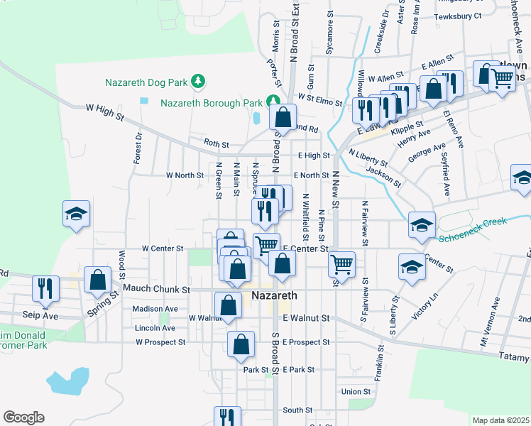 map of restaurants, bars, coffee shops, grocery stores, and more near 113 North Broad Street in Nazareth