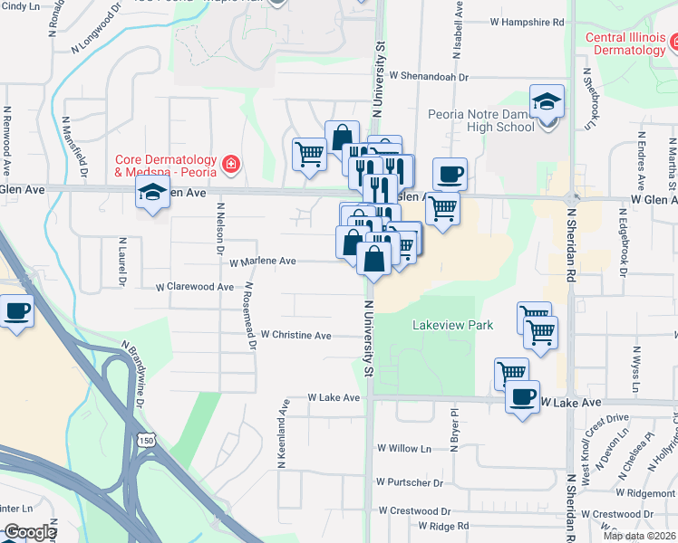 map of restaurants, bars, coffee shops, grocery stores, and more near 1404 West Marlene Avenue in Peoria