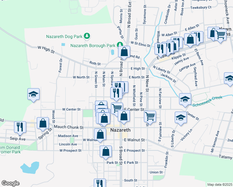 map of restaurants, bars, coffee shops, grocery stores, and more near 113 North Broad Street in Nazareth