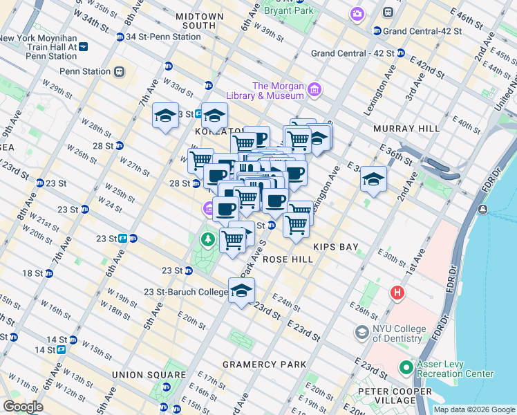 map of restaurants, bars, coffee shops, grocery stores, and more near 30 East 29th Street in New York