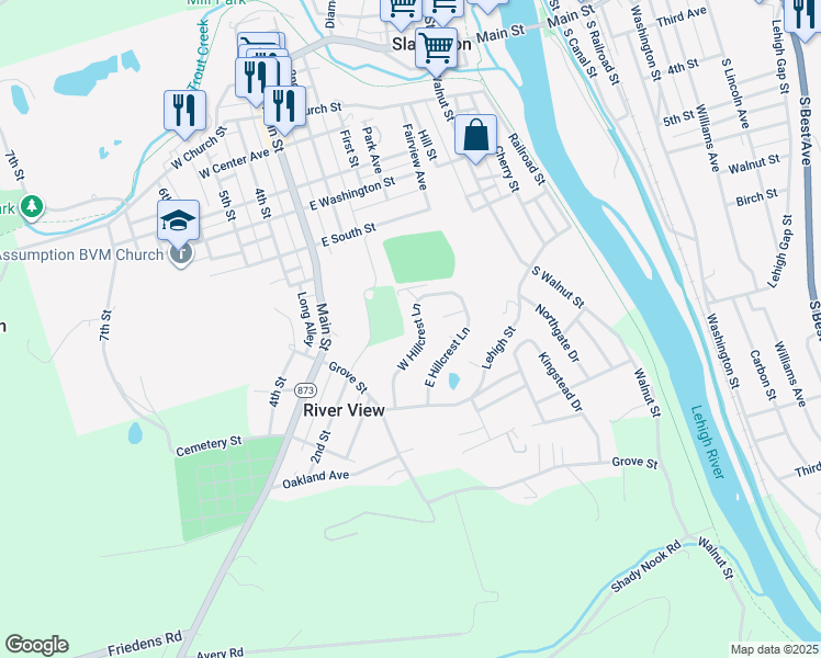 map of restaurants, bars, coffee shops, grocery stores, and more near 7340 West Hillcrest Lane in Slatington