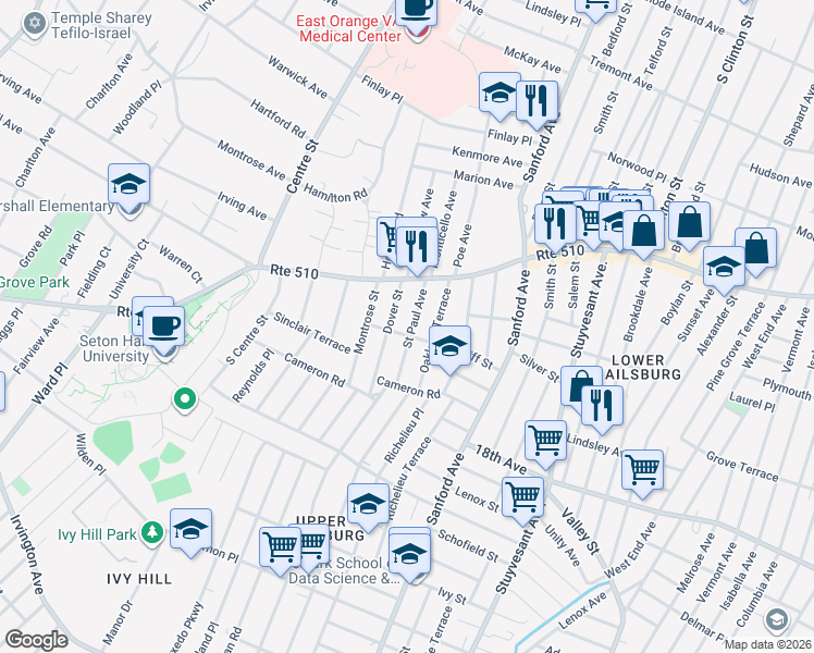 map of restaurants, bars, coffee shops, grocery stores, and more near 43 Saint Paul Avenue in Newark